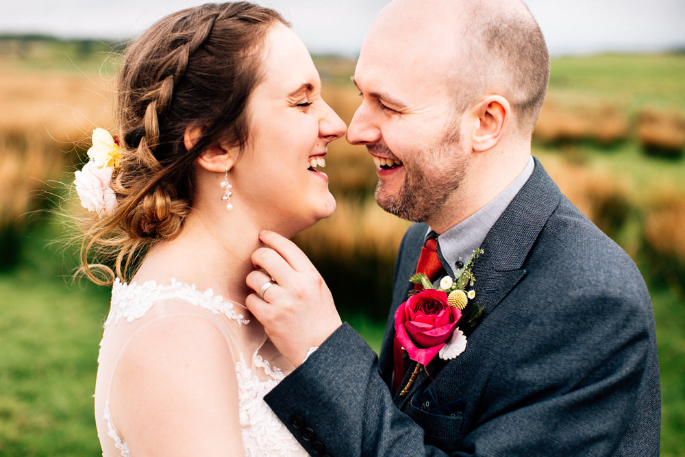 Bride Bridal Lace Tulle Full Skirt Sweetheart Illusion Navy Suit Orange Tie Groom Fun Quirky Colourful Wedding Fairclough Studios