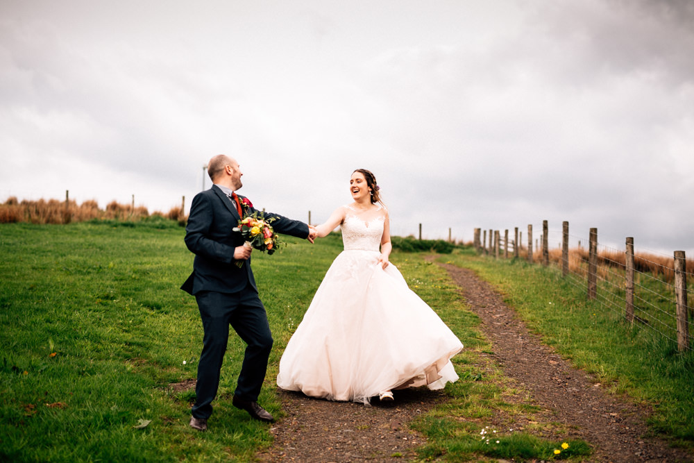 Bride Bridal Lace Tulle Full Skirt Sweetheart Illusion Navy Suit Orange Tie Groom Fun Quirky Colourful Wedding Fairclough Studios