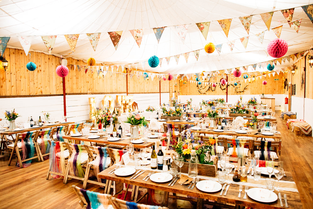 Multicolour Bunting Paper Lantern Chiffon Tie Chair Back Flowers Floral Fun Quirky Colourful Wedding Fairclough Studios