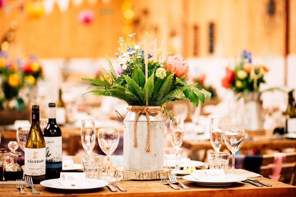 Milk Churn Flower Arrangement Florals Multicolour Fun Quirky Colourful Wedding Fairclough Studios