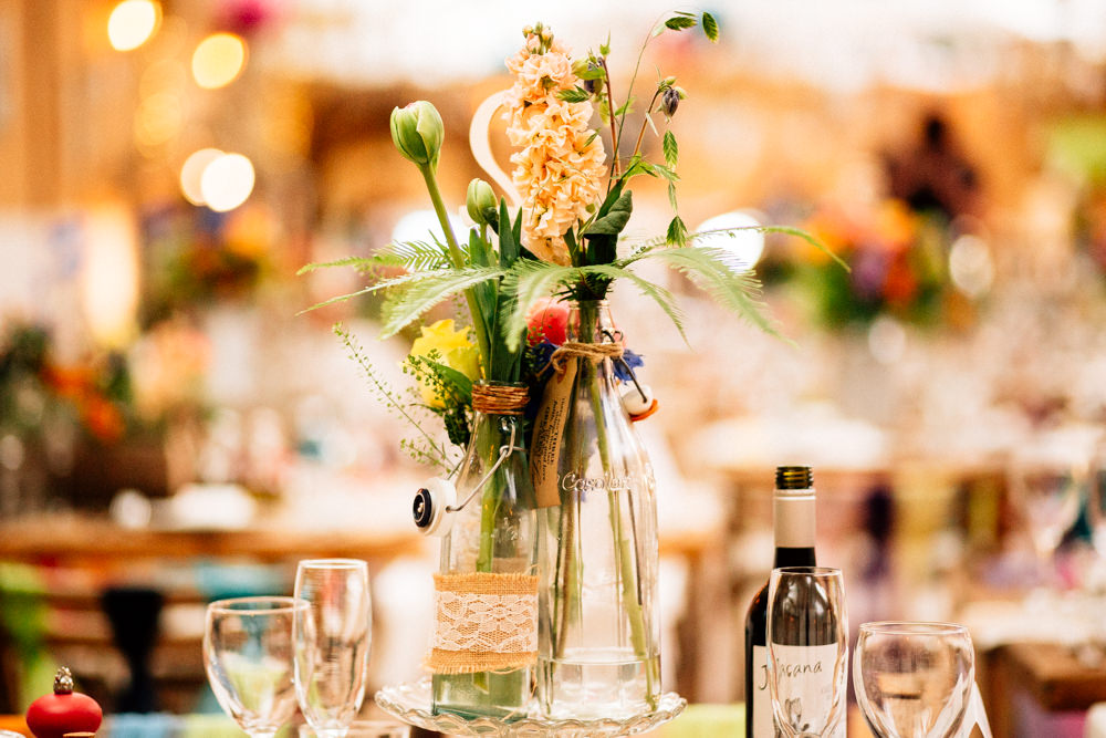 Bottle Flower Arrangements Floral Hessian Lace Fun Quirky Colourful Wedding Fairclough Studios