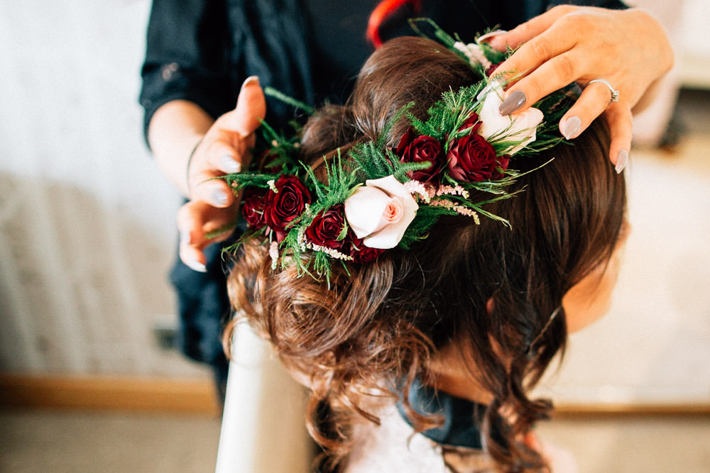 Hair Bride Bridal Up Do Flowers Red Pink Gamekeepers Inn Wedding Fairclough Studios