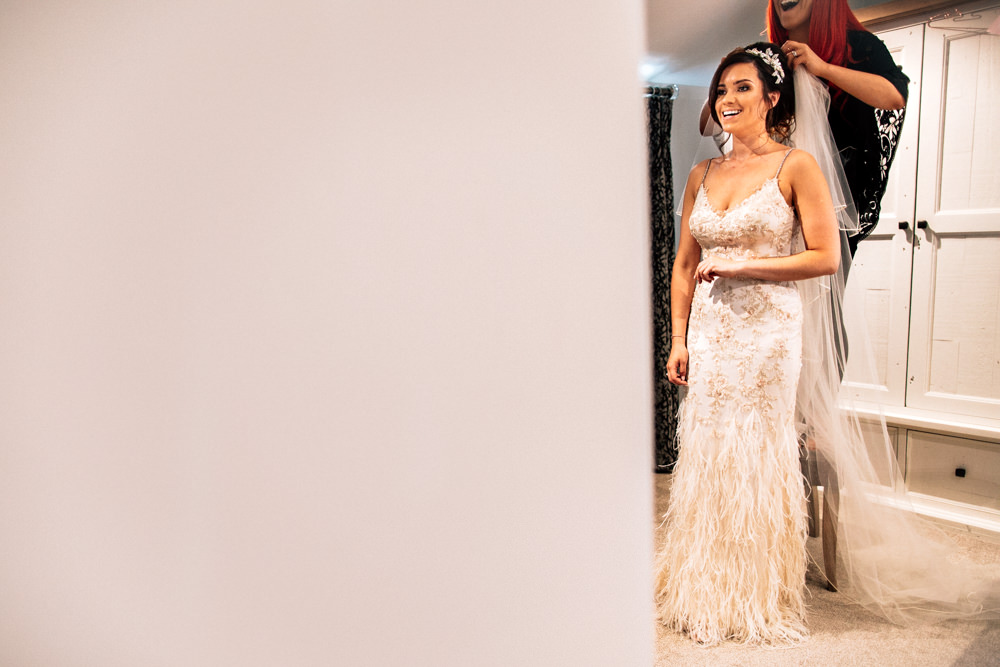 Dress Gown Bride Bridal Enzonai Feathers Veil Skirt Gamekeepers Inn Wedding Fairclough Studios