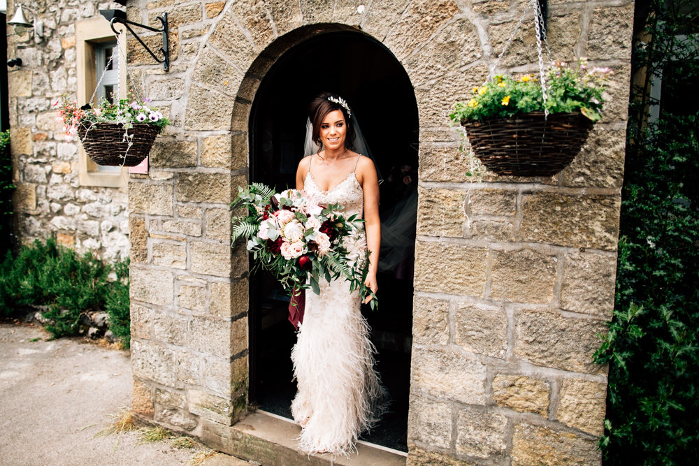 Dress Gown Bride Bridal Enzonai Feathers Veil Skirt Gamekeepers Inn Wedding Fairclough Studios