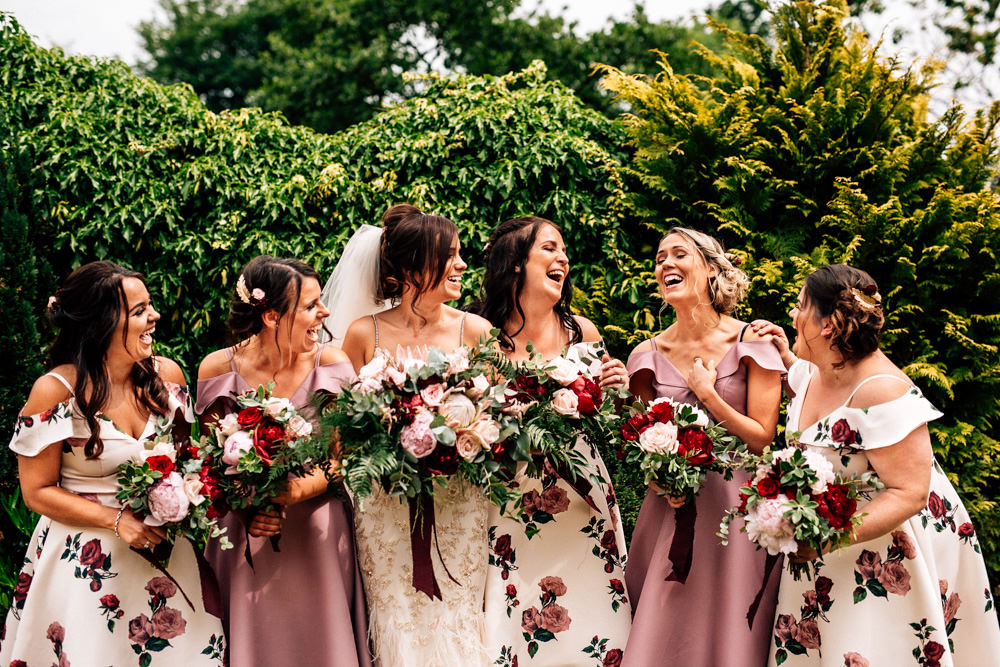 Pink Red Floral Bridesmaid Dresses Bouquets Gamekeepers Inn Wedding Fairclough Studios
