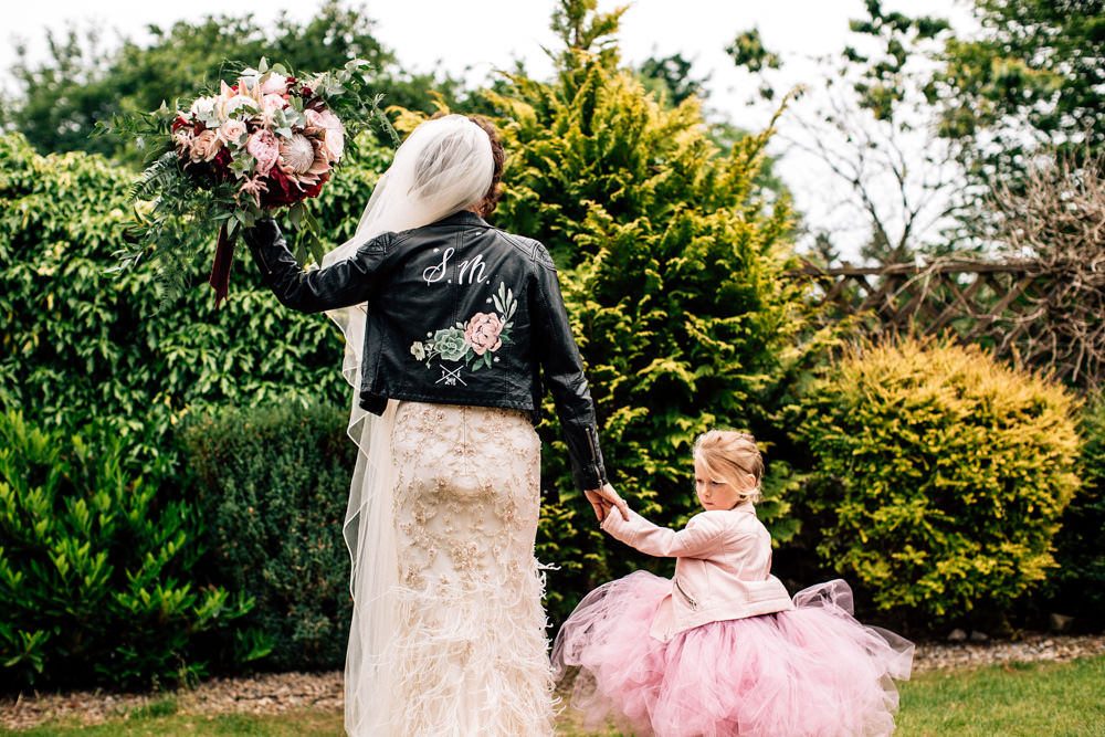 Dress Gown Bride Bridal Enzonai Feathers Veil Skirt Leather Jacket Painted Gamekeepers Inn Wedding Fairclough Studios