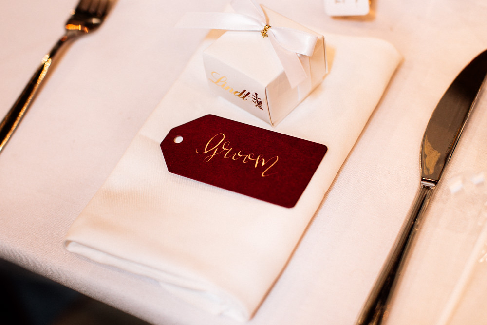 Red Burgundy Gold Calligraphy Place Name Tag Gamekeepers Inn Wedding Fairclough Studios
