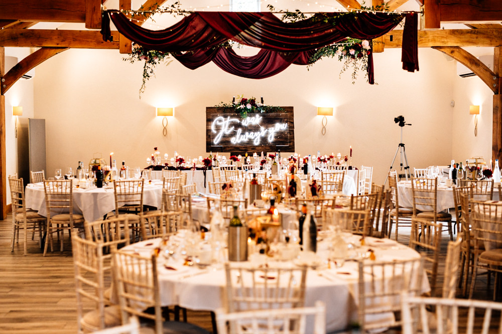 Burgundy Red Drapes Ceiling Fabric Fairy Lights Flowers Reception Gamekeepers Inn Wedding Fairclough Studios