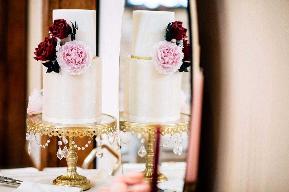 Cake Red Rose Pink Peony Tier Two Gold Stand Gamekeepers Inn Wedding Fairclough Studios