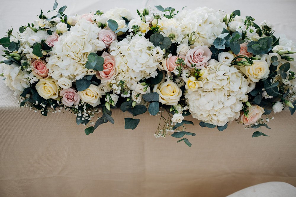 Ceremony Register Table Floral Flower Garland Hydrangea Rose White Pink Foliage Greenery Kew Gardens Wedding Marianne Chua Photography