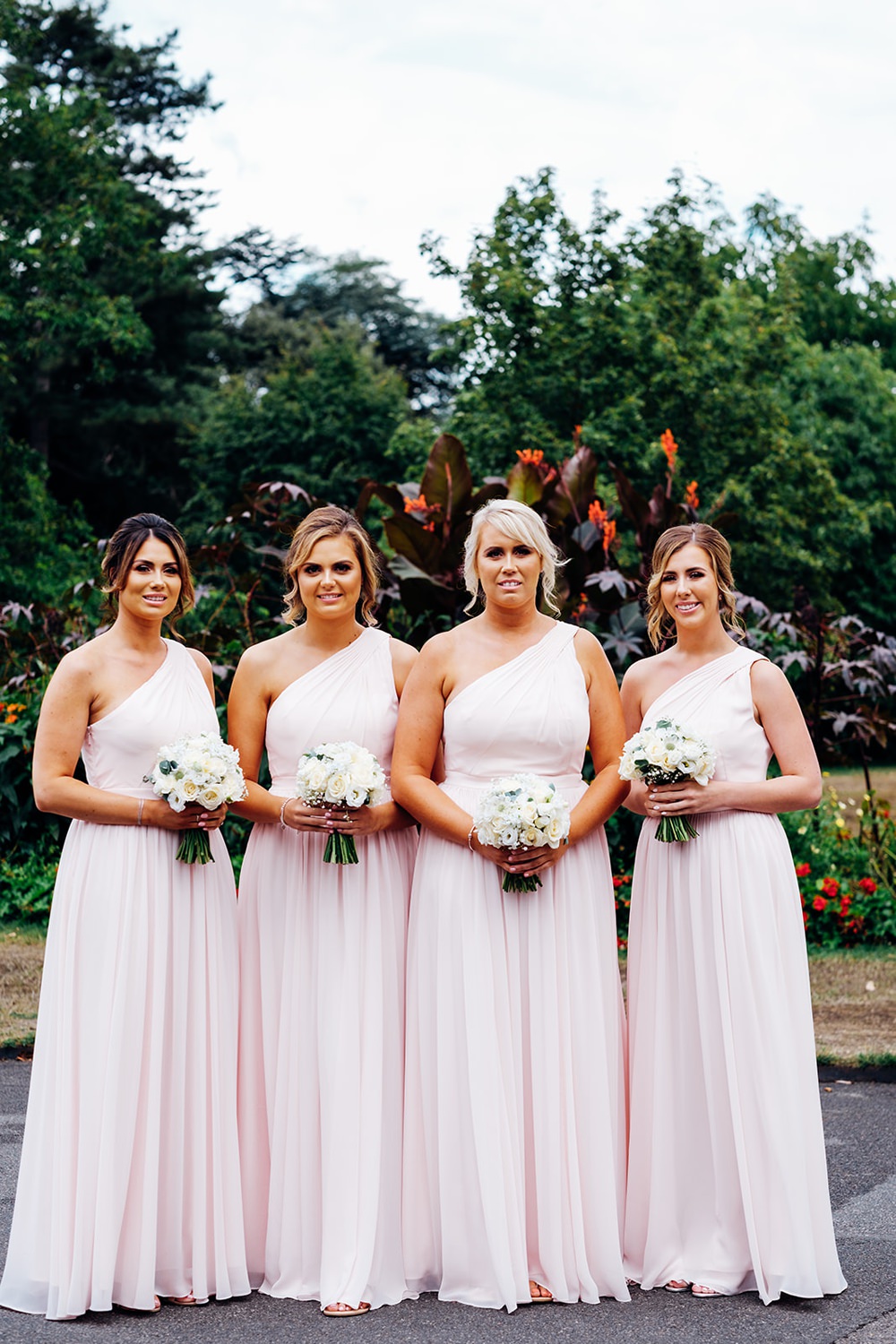 Bridesmaids Pink Blush One Shoulder Posy Bouquet Kew Gardens Wedding Marianne Chua Photography