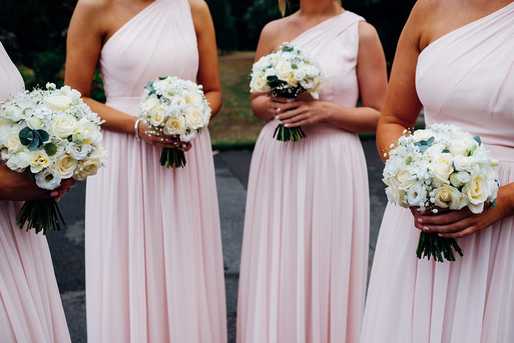 Bridesmaids Pink One Shoulder Blush Dress Posy Bouquet Kew Gardens Wedding Marianne Chua Photography
