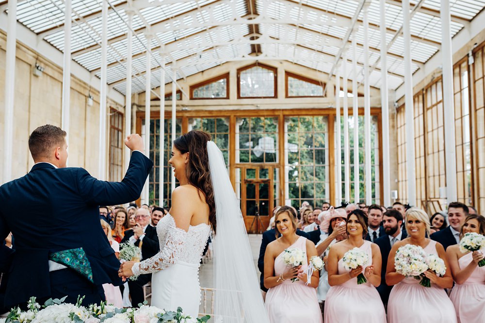 Bride Bridal Pronovias Sweetheart Neckline Detached Sleeves Fishtail Three Piece Suit Groom Waistcoat Double Breasted Veil Kew Gardens Wedding Marianne Chua Photography