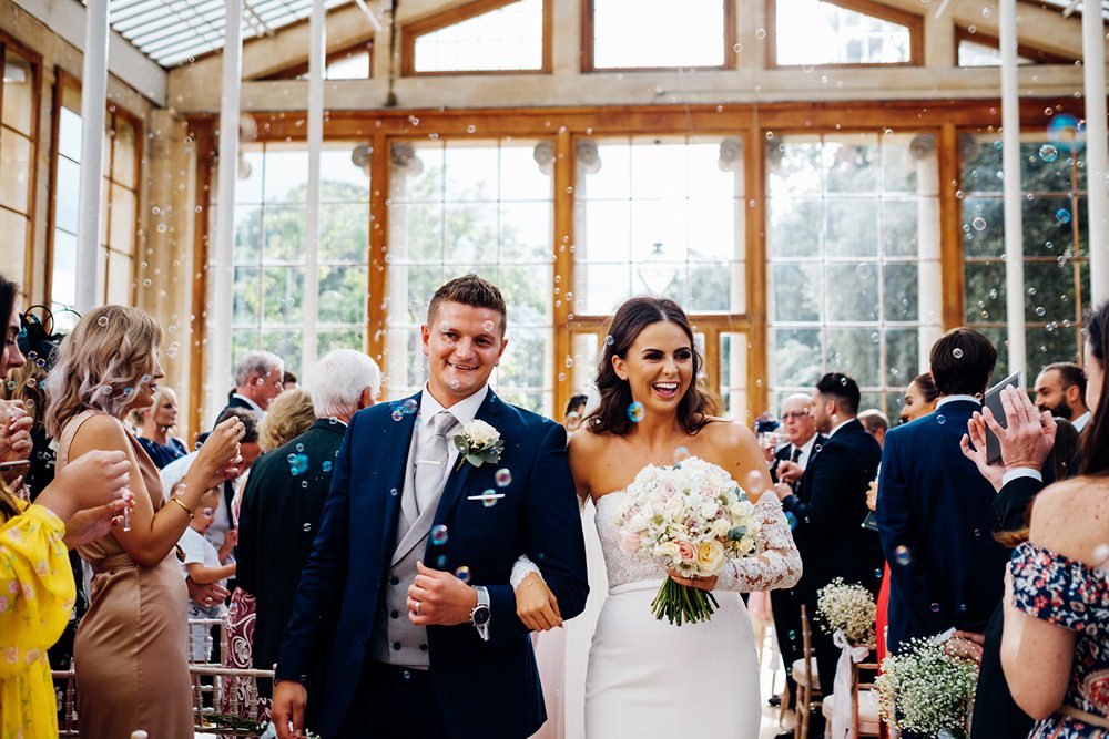Bride Bridal Pronovias Sweetheart Neckline Detached Sleeves Fishtail Three Piece Suit Groom Waistcoat Double Breasted Bubbles Bouquet Kew Gardens Wedding Marianne Chua Photography