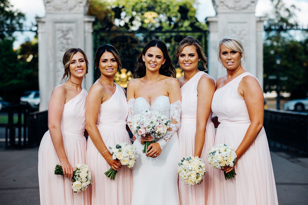 Bride Bridal Pronovias Sweetheart Neckline Detached Sleeves Fishtail One Shoulder Pink Blush Bridesmaids Kew Gardens Wedding Marianne Chua Photography