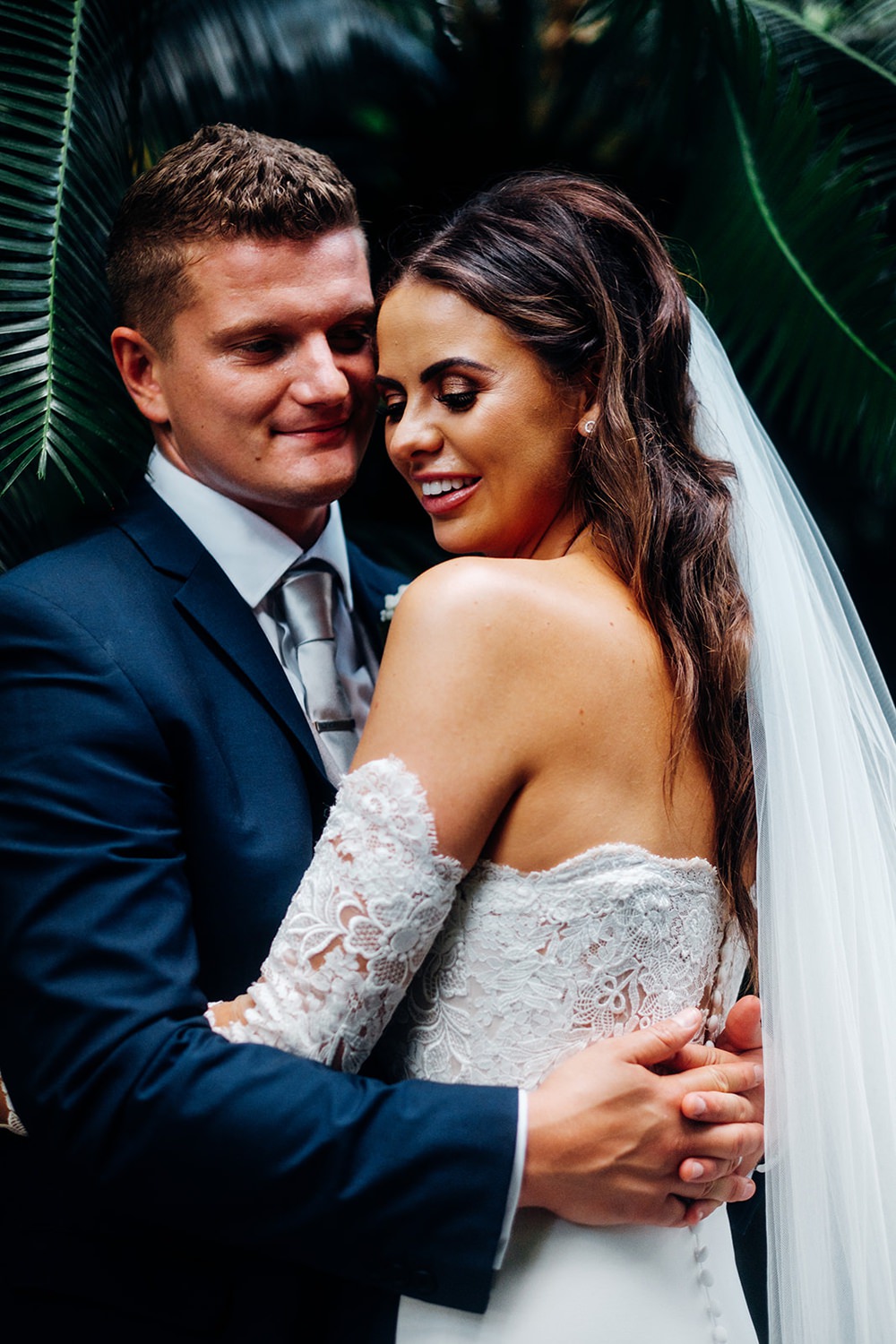 Bride Bridal Pronovias Sweetheart Neckline Detached Sleeves Fishtail Three Piece Suit Groom Waistcoat Double Breasted Veil Kew Gardens Wedding Marianne Chua Photography