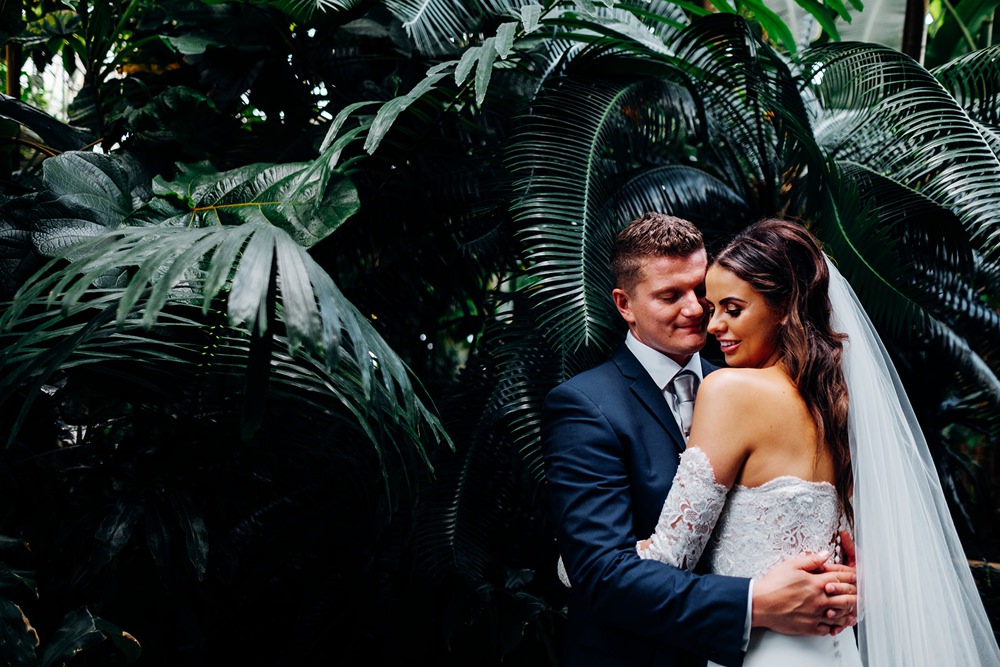 Bride Bridal Pronovias Sweetheart Neckline Detached Sleeves Fishtail Three Piece Suit Groom Waistcoat Double Breasted Veil Kew Gardens Wedding Marianne Chua Photography
