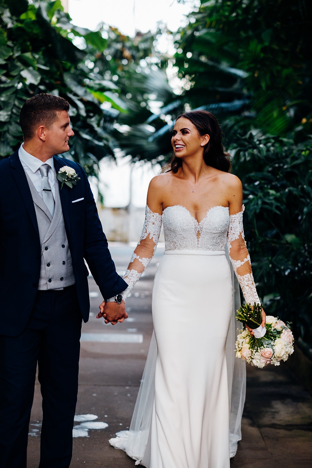 Bride Bridal Pronovias Sweetheart Neckline Detached Sleeves Fishtail Three Piece Suit Groom Waistcoat Double Breasted Kew Gardens Wedding Marianne Chua Photography