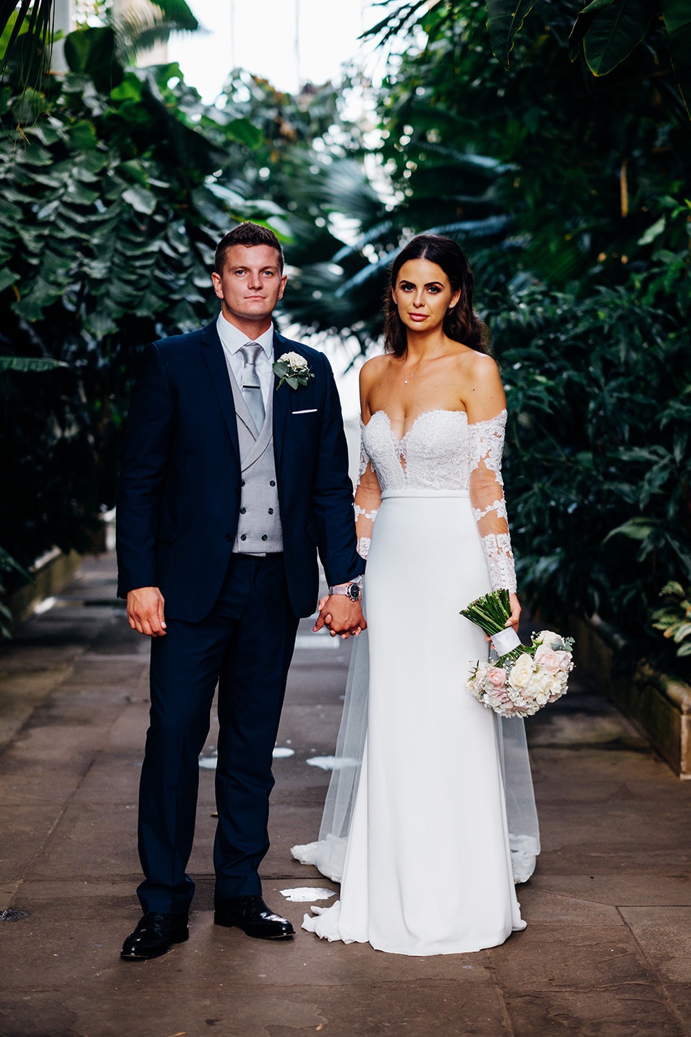 Bride Bridal Pronovias Sweetheart Neckline Detached Sleeves Fishtail Three Piece Suit Groom Waistcoat Double Breasted Kew Gardens Wedding Marianne Chua Photography