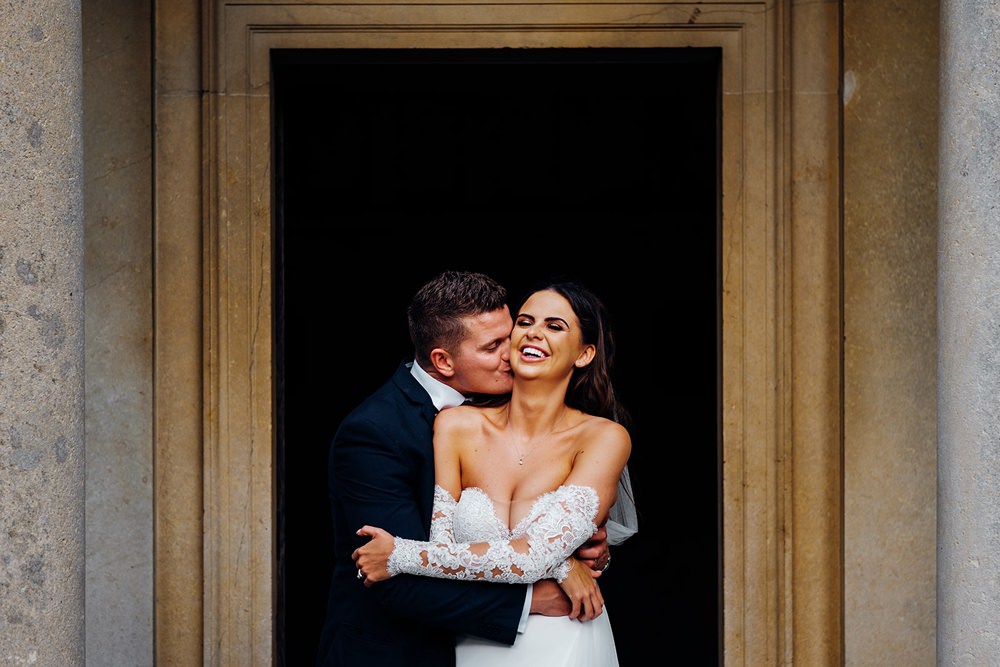 Bride Bridal Pronovias Sweetheart Neckline Detached Sleeves Fishtail Three Piece Suit Groom Waistcoat Double Breasted Kew Gardens Wedding Marianne Chua Photography