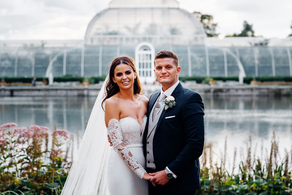 Bride Bridal Pronovias Sweetheart Neckline Detached Sleeves Fishtail Three Piece Suit Groom Waistcoat Double Breasted Veil Kew Gardens Wedding Marianne Chua Photography