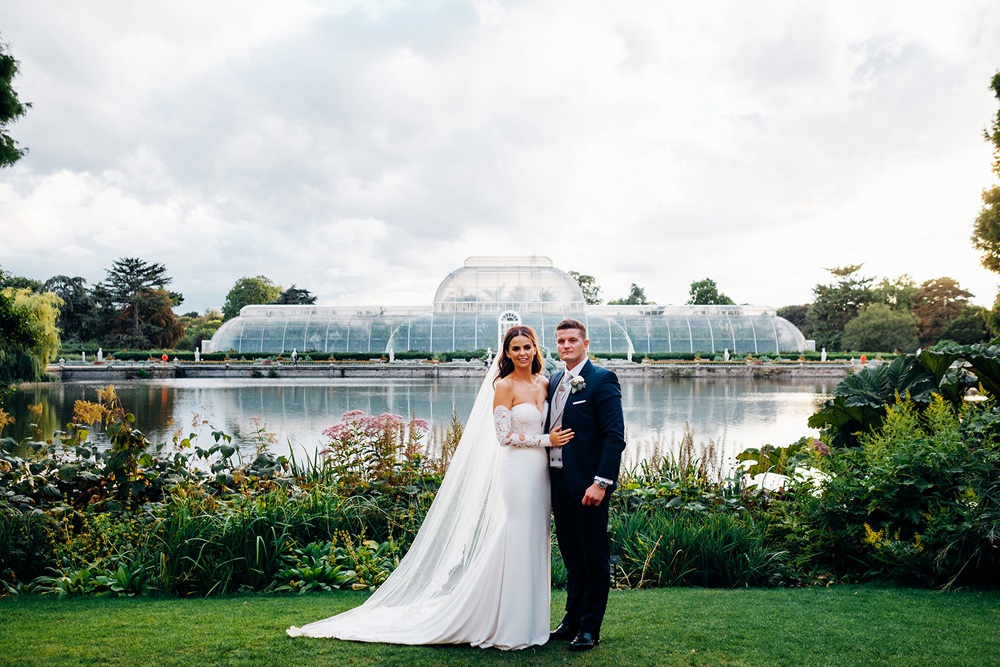 Bride Bridal Pronovias Sweetheart Neckline Detached Sleeves Fishtail Three Piece Suit Groom Waistcoat Double Breasted Veil Kew Gardens Wedding Marianne Chua Photography