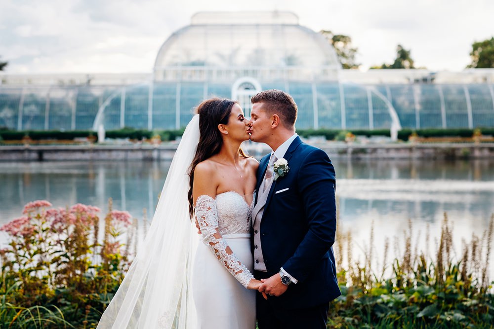 Bride Bridal Pronovias Sweetheart Neckline Detached Sleeves Fishtail Three Piece Suit Groom Waistcoat Double Breasted Veil Kew Gardens Wedding Marianne Chua Photography