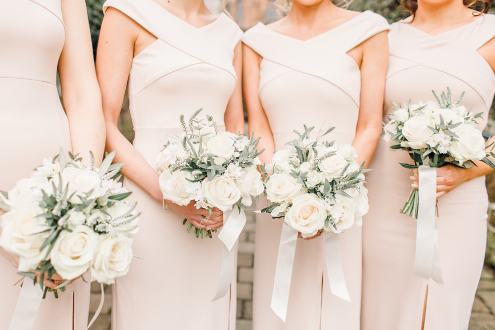 Bouquet Flowers Bride Bridal Ivory Sahara Avalanche Roses Miss Bombastic Spray David Austin Garden White Veronica Narcissus Paper Greenery Foliage Bridesmaids Ribbon Llanrhaeadr Springs Wedding Jessica Reeve Photography