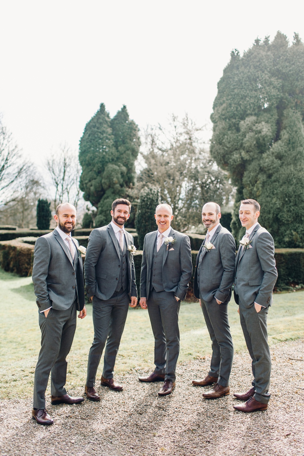Groom Grey Suit Floral Tie Groomsmen Waistcoat Llanrhaeadr Springs Wedding Jessica Reeve Photography