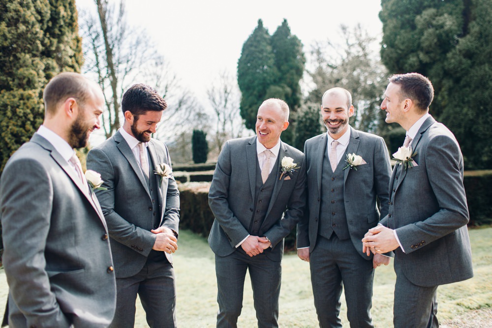 Groom Grey Suit Floral Tie Groomsmen Waistcoat Llanrhaeadr Springs Wedding Jessica Reeve Photography