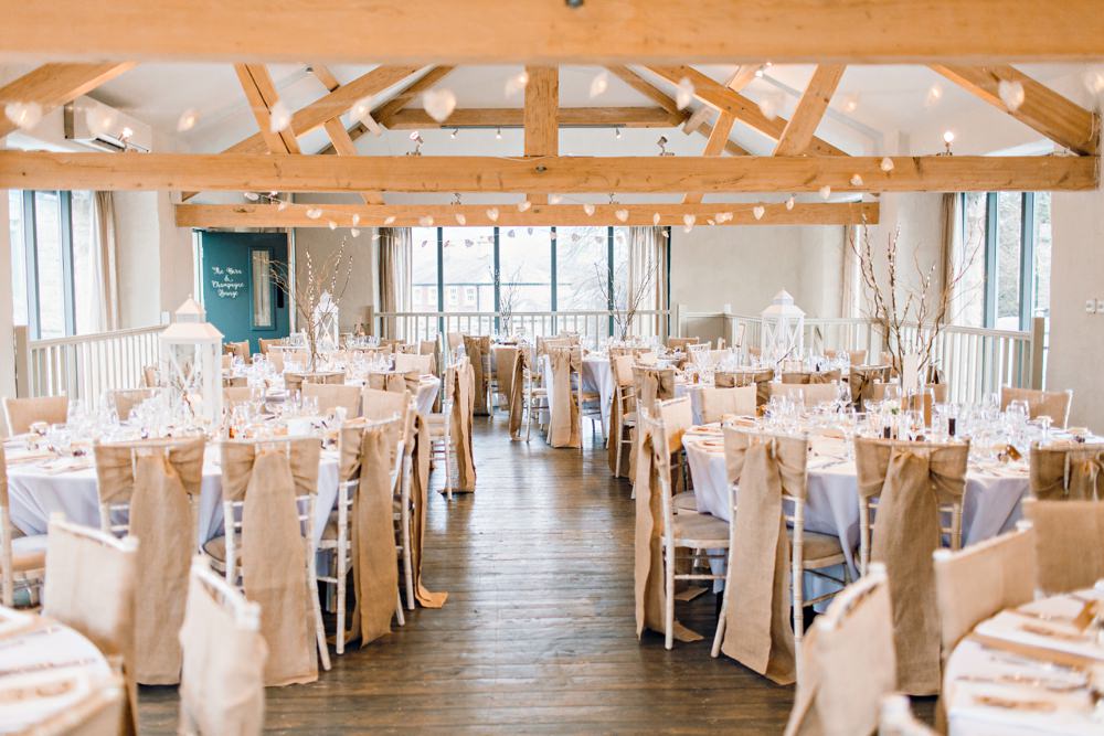 Barn Modern Hessian Burlap Chairs Ribbons Llanrhaeadr Springs Wedding Jessica Reeve Photography
