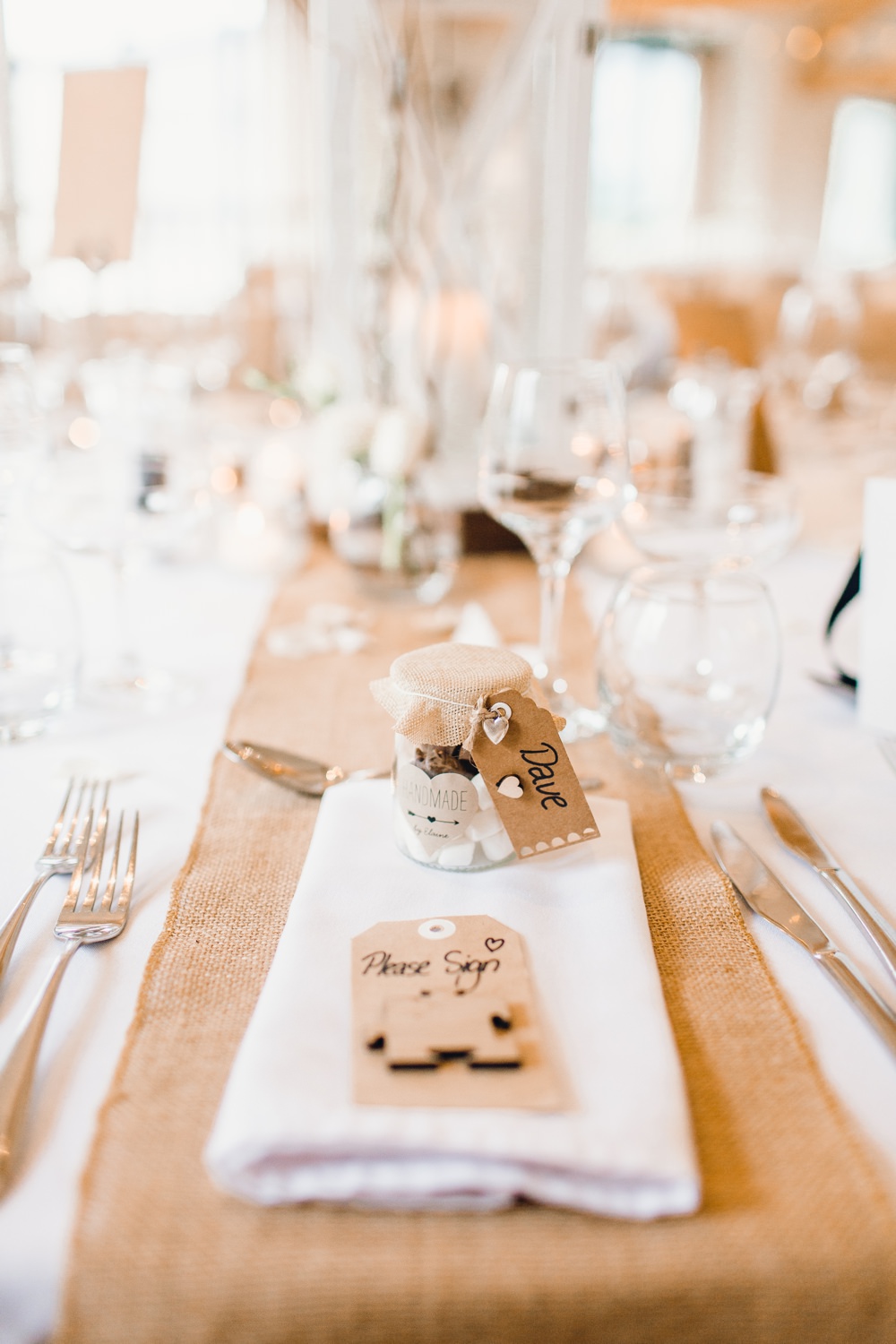 Place Setting Table Decor Hessian Burlap Luggage Tag Puzzle Jam Jar Favour Llanrhaeadr Springs Wedding Jessica Reeve Photography