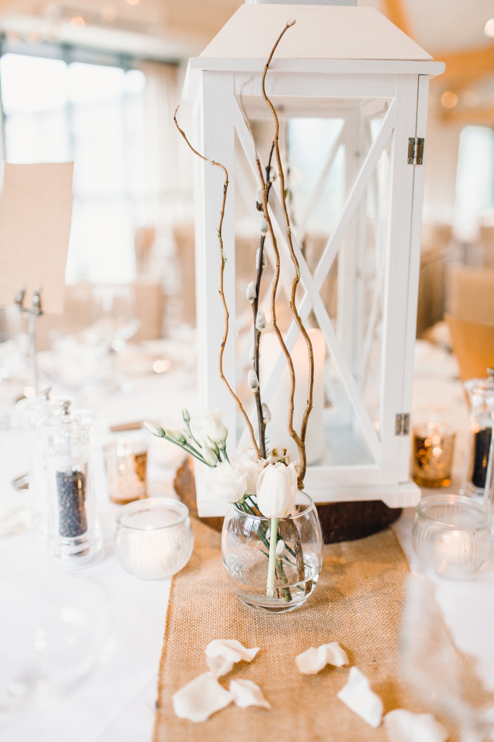 Table Decor Hessian Burlap Lantern Candle Cenrrepiece Branch Flowers Llanrhaeadr Springs Wedding Jessica Reeve Photography