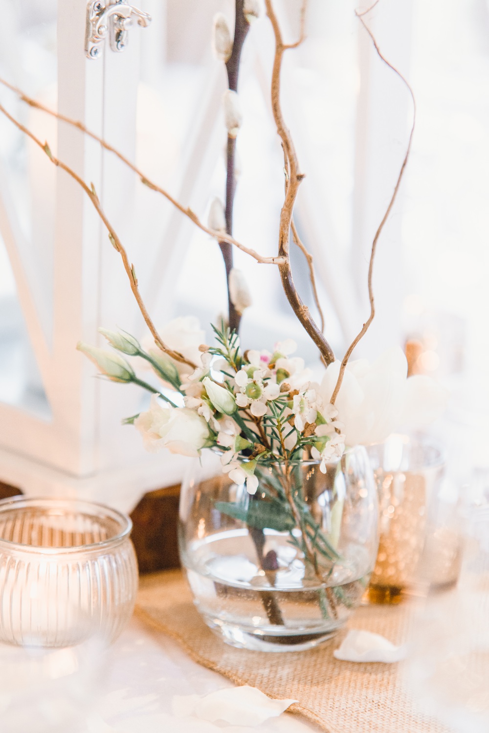 Table Decor Hessian Burlap Lantern Candle Cenrrepiece Branch Flowers Llanrhaeadr Springs Wedding Jessica Reeve Photography