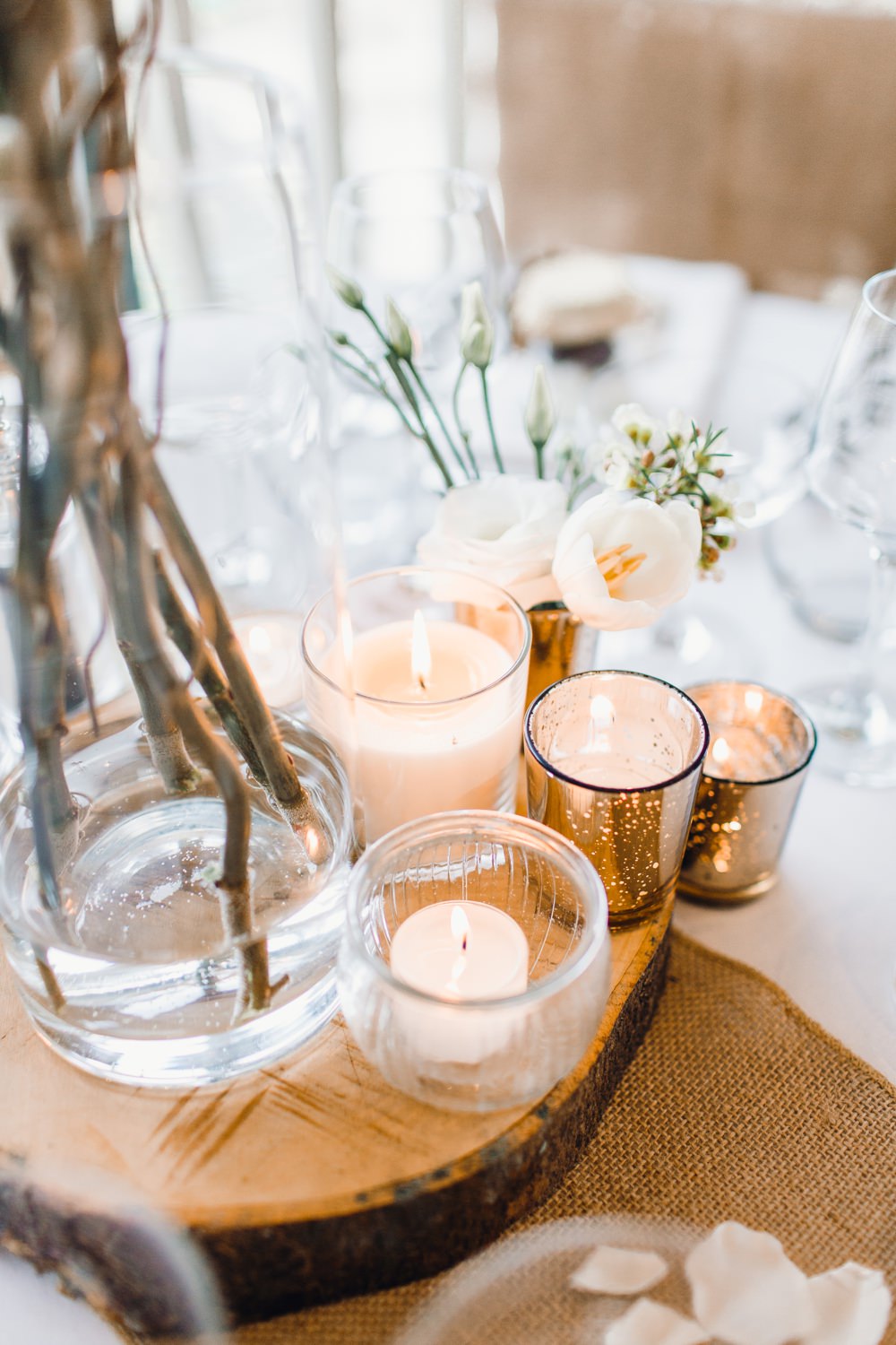 Table Decor Hessian Burlap Lantern Candle Cenrrepiece Branch Flowers Candles Llanrhaeadr Springs Wedding Jessica Reeve Photography