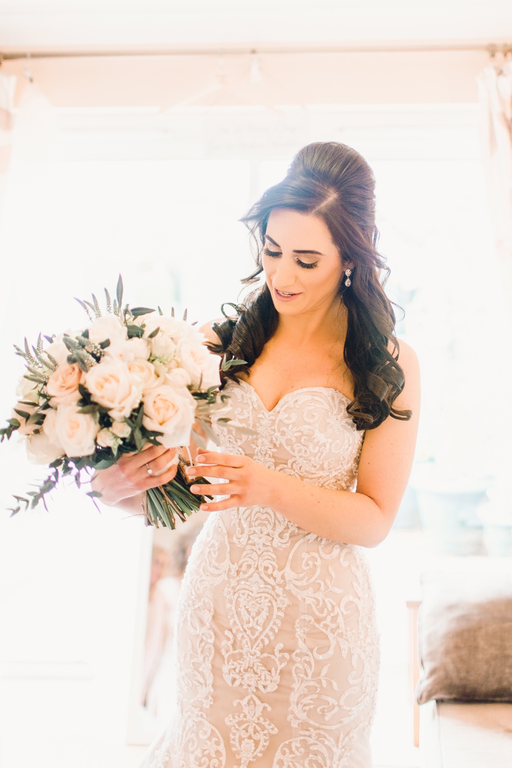 Bride Bridal Dress Gown Ivory Lace Champagne Satin Sweetheart Strapless Train Corset Bodice Pearls Llanrhaeadr Springs Wedding Jessica Reeve Photography