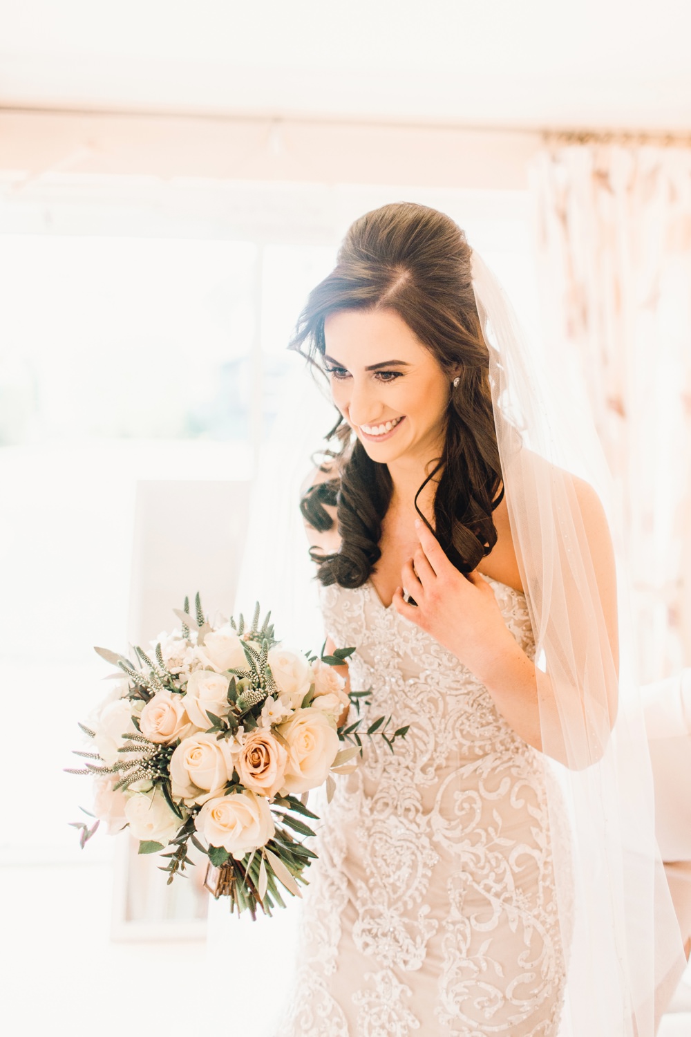 Bride Bridal Dress Gown Ivory Lace Champagne Satin Sweetheart Strapless Train Corset Bodice Pearls Veil Llanrhaeadr Springs Wedding Jessica Reeve Photography