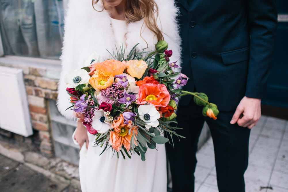 Bride Bridal Bouquet Flowers Bright Colourful Icelandic Poppies Mauve Roses Ranunculus Anemones Wax London Elopement Wedding Asylum Robbins Photographic
