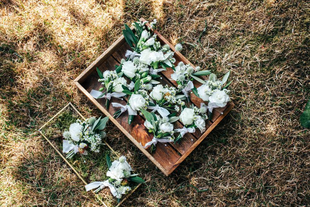 Buttonhole Flowers Berry Rose Thistle Long Barn Wedding Three Flowers Photography