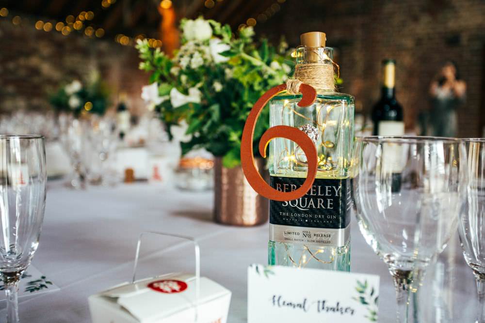 Metal Table Numbers Gin Bottle Decor Table Long Barn Wedding Three Flowers Photography