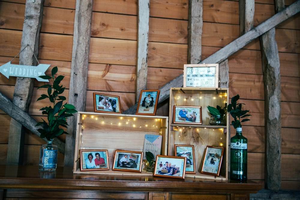 Wooden Crate Fairy Lights Decor Long Barn Wedding Three Flowers Photography