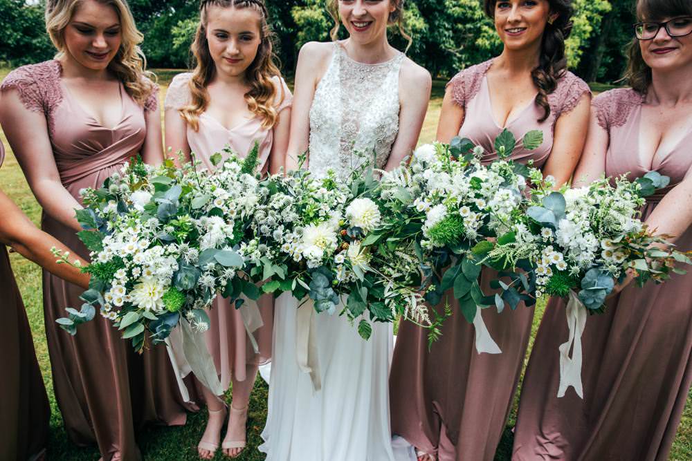 Bouquet Flowers Bride Bridal Thistle Greenery Foliage Bridesmaids Dahlia Long Barn Wedding Three Flowers Photography