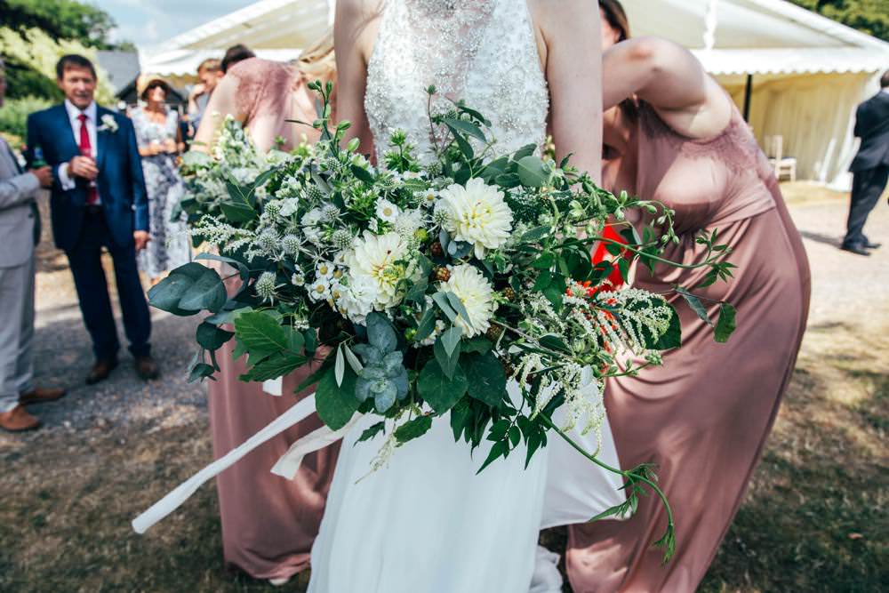 Bouquet Flowers Bride Bridal Thistle Greenery Foliage Dahlia Long Barn Wedding Three Flowers Photography