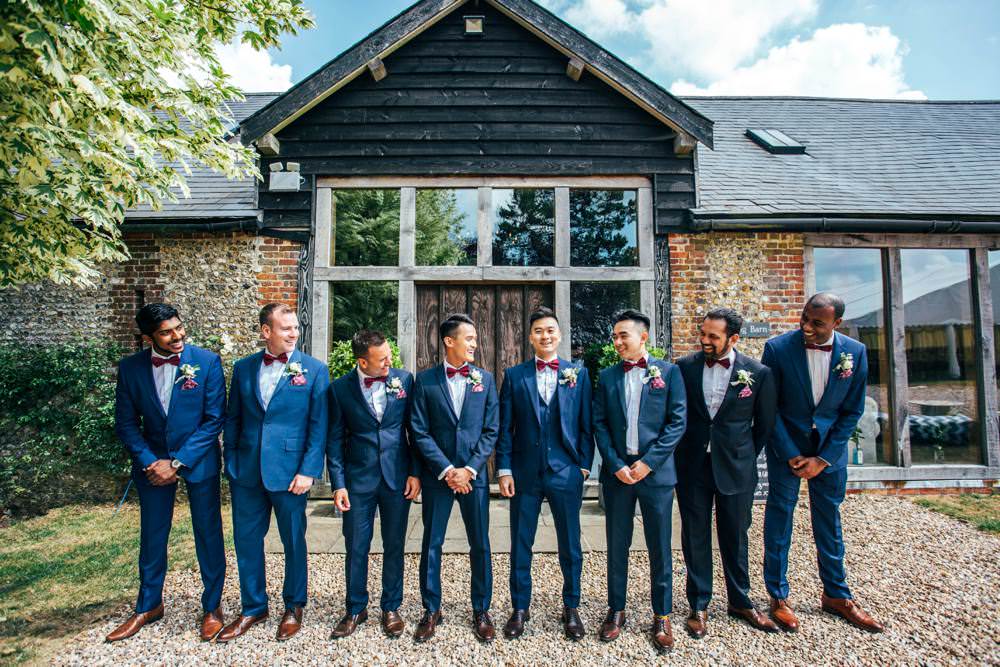 Groom Groomsmen Blue Suits Burgundy Bow Ties Long Barn Wedding Three Flowers Photography
