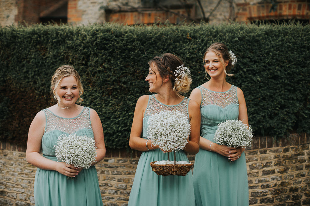 Sage Green Bridesmaids Dresses Gypsophila Beaded Braided plait Up Do Confetti Basket Loseley Park Wedding Kit Myers Photography
