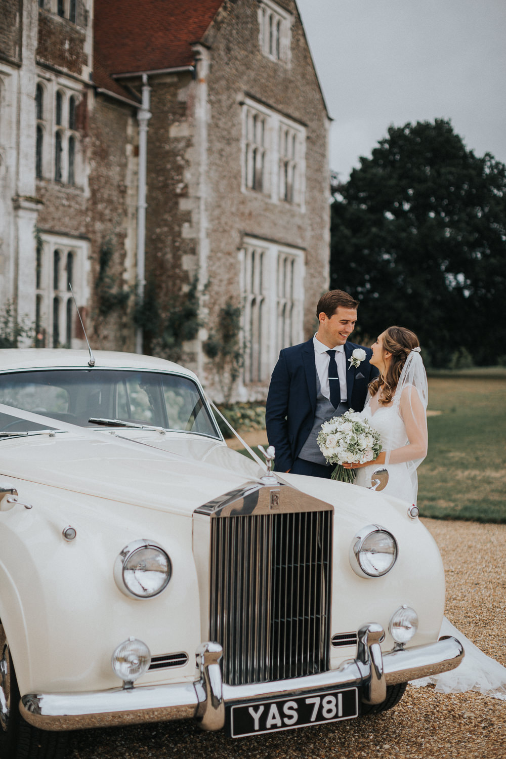 Bride Bridal Sleeveless Embroidered Three Piece Suit Navy Grey Waistcoat Groom Veil Bouquet Classic Car Vintage Transport Loseley Park Wedding Kit Myers Photography