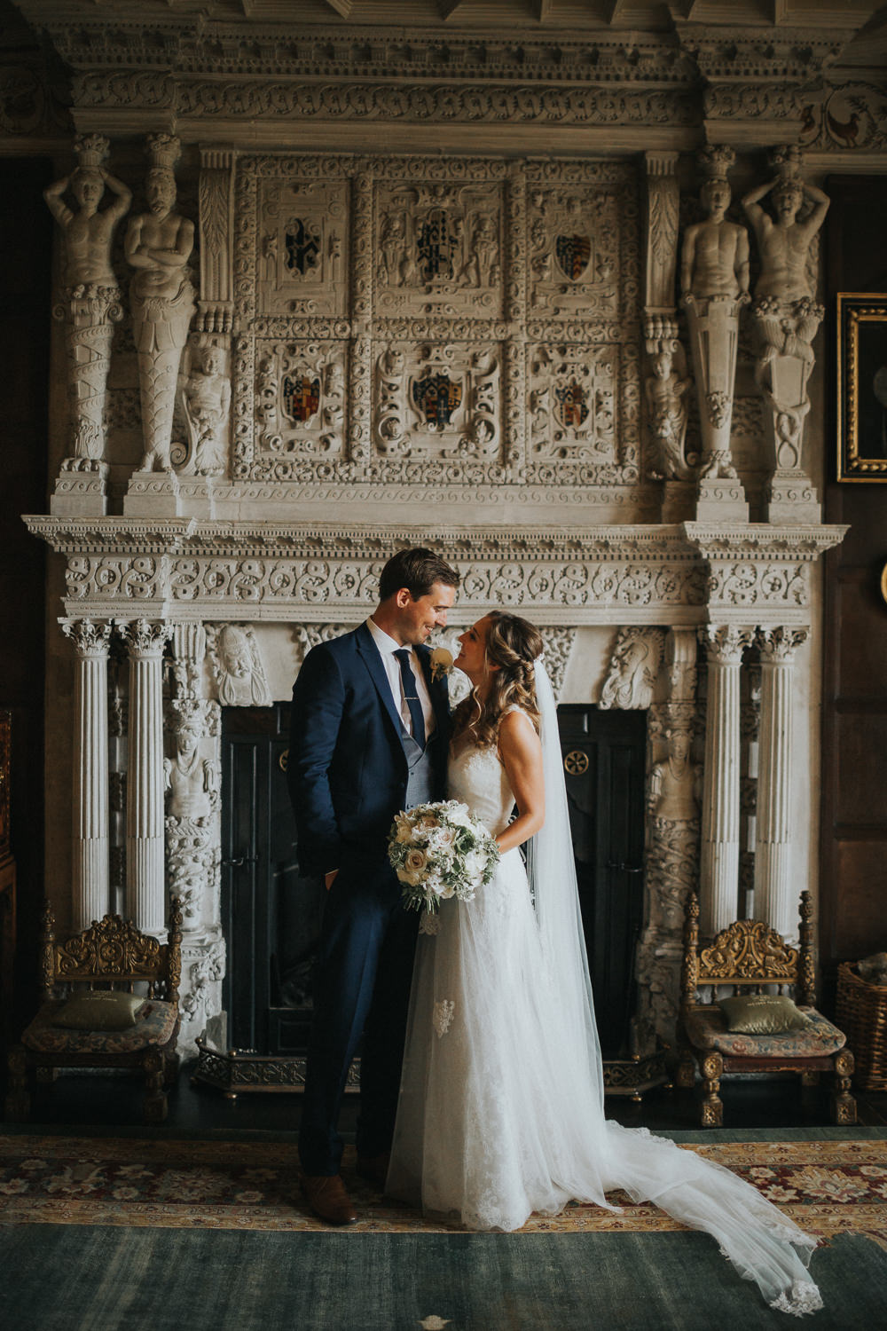 Bride Bridal Sleeveless Embroidered Three Piece Suit Navy Grey Waistcoat Groom Blush White Bouquet Loseley Park Wedding Kit Myers Photography