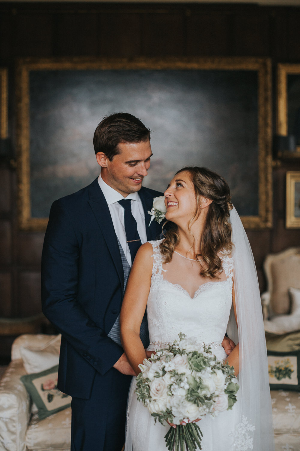 Bride Bridal Sleeveless Embroidered Three Piece Suit Navy Grey Waistcoat Groom Bouquet Veil Loseley Park Wedding Kit Myers Photography