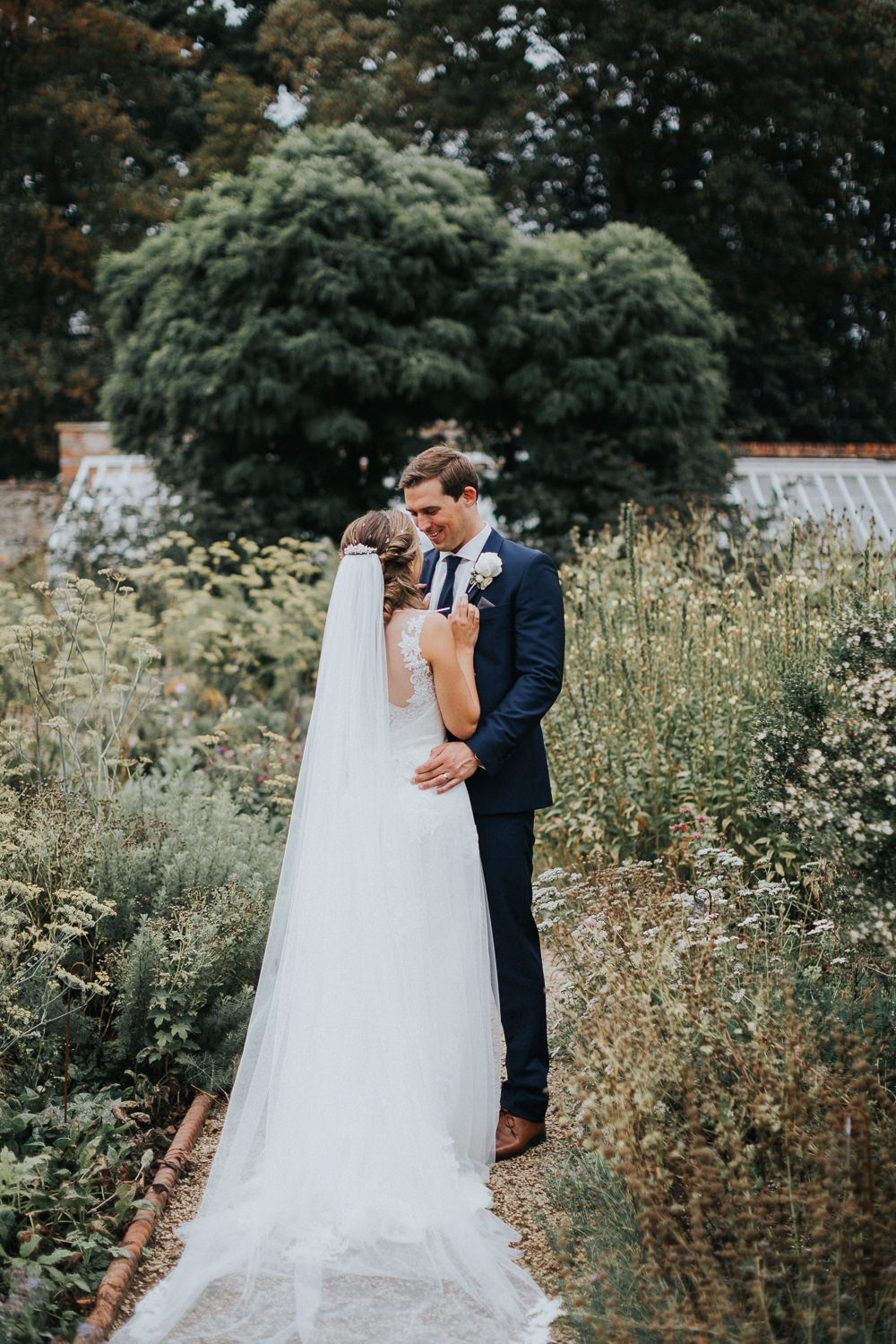 Bride Bridal Sleeveless Embroidered Three Piece Suit Navy Grey Waistcoat Groom Backless Veil Loseley Park Wedding Kit Myers Photography