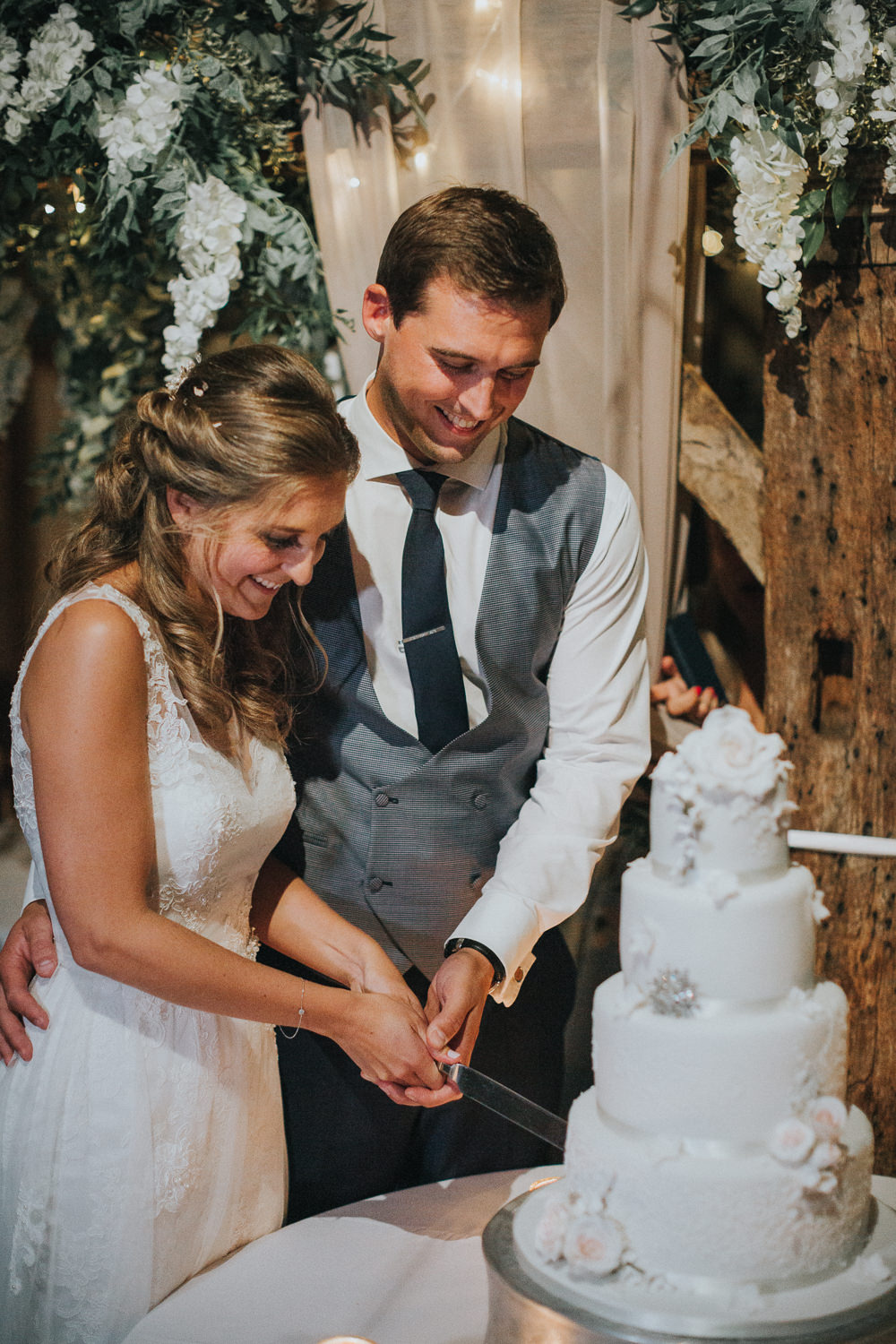 Bride Bridal Bouquet Traditional Classic Tiered Cake Royal Icing Bride Bridal Strapless Dress Gown Embroidered Waistcoat Groom Loseley Park Wedding Kit Myers Photography